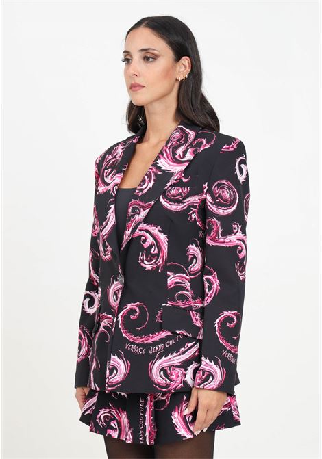 Giacca monopetto nera da donna con stampa Chromo Couture fucsia VERSACE JEANS COUTURE | 77HAQ702NS515QY2